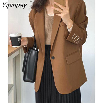 Yipinpay 2023 Autumn Long Sleeve Embroidery Women Blazer Office Lady Solid Suit Blazers Work Winter Female Loose Clothing Coat